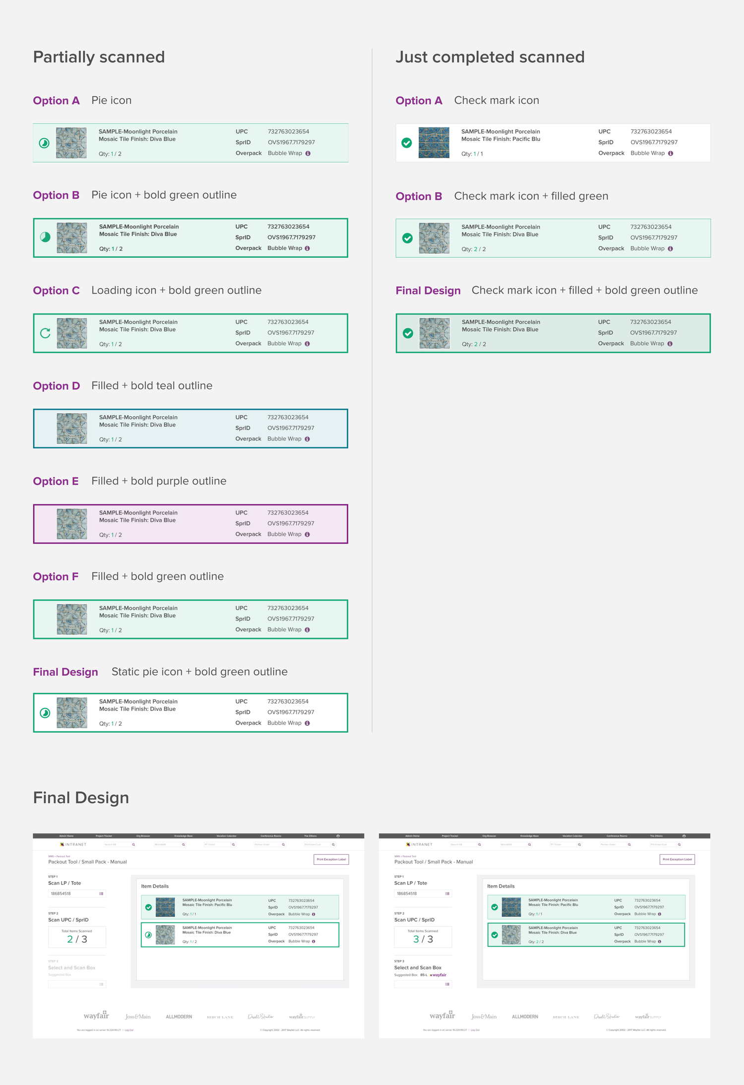 Packout Tool scan status designs